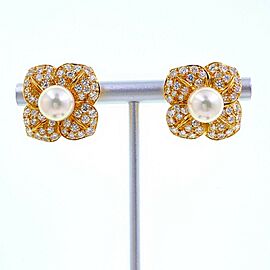 Mikimoto Pave Diamond Pearl Floral Earrings in 18kt Yellow Gold