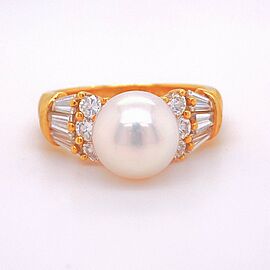 Mikimoto Akoya 8.5mm Pearl & Diamond Ring 18K Yellow Gold