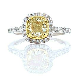 Fancy Yellow Cushion Diamond 1.37 tcw Halo Design Engagement Ring 18kt WG and YG