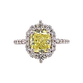 Fancy Yellow Cushion Diamond 2.01 tcw Halo Design Engagement Ring 14kt YG GIA