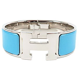 Authentic HERMES Clic Clac GM H Logo Bangle Bracelet Light Blue Silver Used F/S