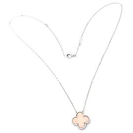 Authentic! Van Cleef & Arpels Alhambra 18k White Gold Pink Opal Pendant Necklace