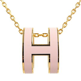 Authentic Hermes Pop Ash H Logo Necklace Yellow Gold Rose Dragee Metal Used F/S