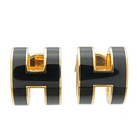 Authentic Hermes Pop Ash H Logo Earrings Yellow Gold Black Metal Used F/S