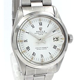 Men VINTAGE Rolex Oyster Perpetual Date Stainless Steel White Roman Buckley 34mm