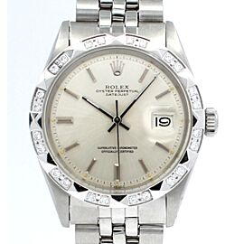 Mens Vintage ROLEX Oyster Perpetual Datejust 36mm Silver Dial White Gold Diamond