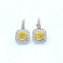 Fancy Yellow Radiant Diamond Bezel Set Halo Earrings 14 kt White Yellow Gold