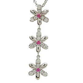 Auth YUKIKO HANAI Flower Charm Diamond Ruby Neckalce 0.45ct 0.12ct WG Used F/S