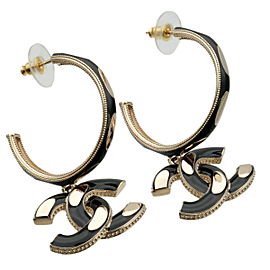 Authentic CHANEL Coco Mark Hoop Earrings Gold Black A21A Used F/S