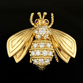 Tiffany & Co Vintage Rare Diamond Ruby Bumble Bee Brooch 18kt Yellow Gold