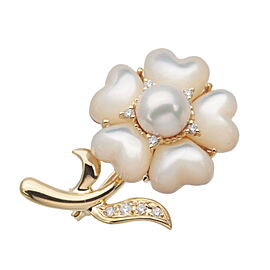 Authentic MIKIMOTO Flower Motif Pearl Shell Diamond Brooch K18YG 750YG Used F/S