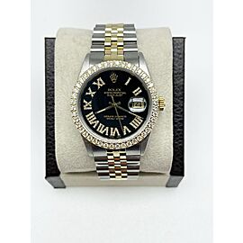 Rolex Datejust Black Diamond Roman Dial and Bezel 18K Yellow Gold Steel