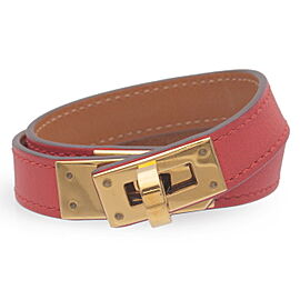 HERMES Kelly Bracelet Double Tour Size S Leather Metal Red Gold Used F/S