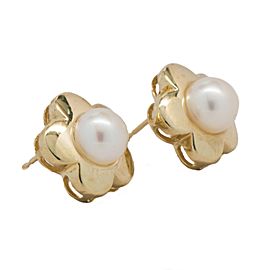 14K Yellow Gold Floral Stud Culture Pearls Butterfly Back Earrings