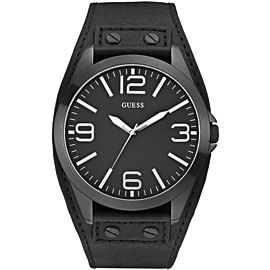 Guess Casual Black Dial Leather Band Analog Quartz W0181G2 46mm Watch