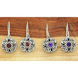 925 Sterling Silver 18k Gold Bezel St Garnet Amethyst Flower Dangle Earring»E113