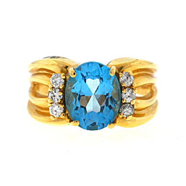 14K Yellow Gold Oval Blue Topaz & Diamonds Ring Size 8.25