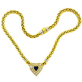 18k Yellow Gold Heart Sapphire & Baguette Diamonds Pendant Necklace