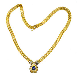 18k Yellow Gold Pear Shape Sapphire & Diamonds Pendant Necklace