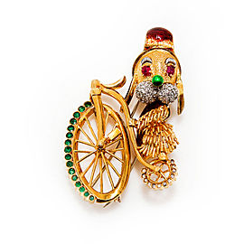 Vintage Brooch 18K Yellow Gold Dog On Bicycle Diamond Enamel Ruby Emerald 42 Gr