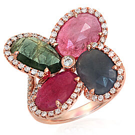 Luxo Jewelry Four Leaf Rose Cut Multicolor Sapphires & Diamonds 14K Rose Gold Ring Size