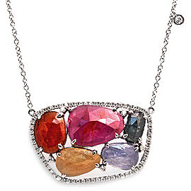 Rose Cut Sliced 12.48 CT Multi Sapphire 0.47 CT Diamonds 14K White Gold Necklace