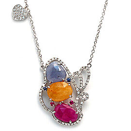 Sliced 6 CT Multi Sapphire 0.59 CT Diamonds 14K Gold Butterfly Heart Necklace