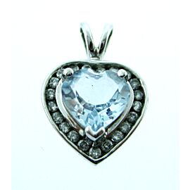 FINE ESTATE 14K WHITE GOLD AQUA STONE HEART DIAMOND PENDANT