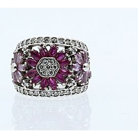 14k White Gold Diamond Pink Red Stones Flower Wide Ladies Ring Size 5