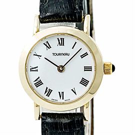 Tourneau Womens Quartz Watch White Dial 18K Yellow Gold Leather Band 23mm