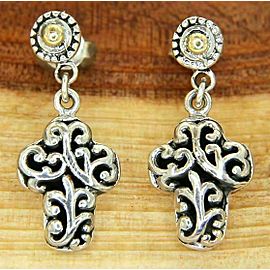 925 Sterling Silver 14 K Gold Scroll Swirl Gothic Cross Dangle Earring»E115