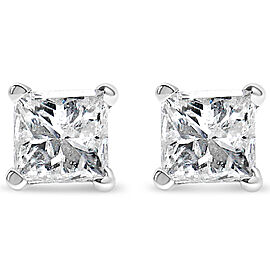 True AGS Certified 14k White Gold 1.0 Cttw 4-Prong Set Princess-Cut Solitaire Diamond Push Back Stud Earrings for Women (E-F Color, I1-I2 Clarity)