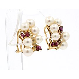 Fine Estate 14k Yellow Gold Pearl Ruby Diamond Earrings