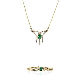 Fine Estate 14k Yellow Gold Emerald Diamond Necklace Bracelet Set