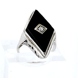 Estate Art Deco 14k White Gold Onyx Diamond Ladies Ring