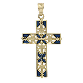 Women's Flower Blue Enamel Large Cross Pendant in 14k Yellow Gold