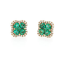 1.34CT Natural Emerald 0.34CT Diamonds 18K Gold Stud Four Leaf Clover Earrings