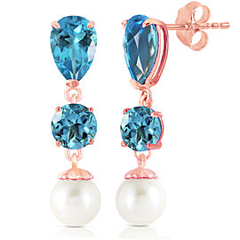 10.5 CTW 14K Solid Rose Gold Drop Earrings Blue Topaz And Cultured Pearl