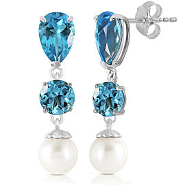 10.5 CTW 14K Solid White Gold Burning Up Blue Topaz Cultured Pearl Earrings