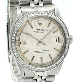 Men Vintage ROLEX Oyster Perpetual Datejust 36mm Silver Linen Dial Diamond Watch