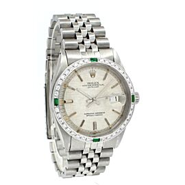 Men Vintage ROLEX Oyster Perpetual Datejust 36mm Silver Linen Dial Diamond Watch