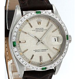 Mens Rolex Oyster Perpetual Datejust Stainless White Gold Diamonds Green 36mm