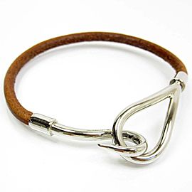 Hermes Silver Tone Metal Brown Leather Bracelet