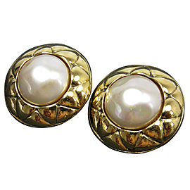 Chanel Gold Tone Simulated Glass Pearl Stone Earrings