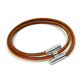 Hermes Silver Tone Metal Brown Leather Bracelet