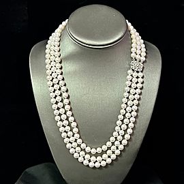 Akoya Pearl Diamond 3-Strand Gold Necklace 7.5 mm 22.75" Certified $13,950