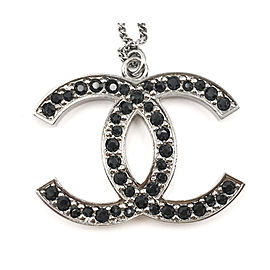 Chanel Silver Tone Metal Black CC Crystal Large Pendant Necklace