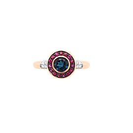 18k Rose Gold Diamond, Blue Topaz and Ruby Ring