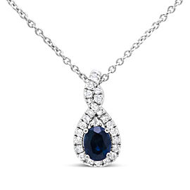 18K White Gold 1/7 Cttw Diamond and 4.5x3.5mm Oval Blue Sapphire Teardrop-Shaped 18" Pendant Necklace (G-H Color, SI1-SI2 Clarity)