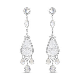 Platinum 1 5/8 Cttw Round Diamond, Moon Stone, and Hand-Carved Rock Crystal Dangle Drop Earrings (VVS2-VS1 Clarity, F-G Color)